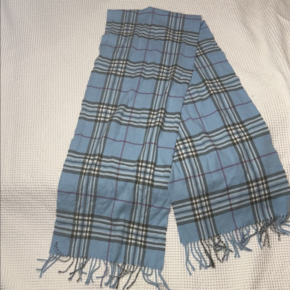 Light Blue Plaid Fringe Scarf - 12x70